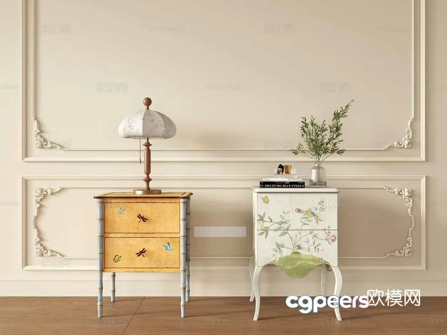 French retro bedside cabinet painted cabinet 3D model