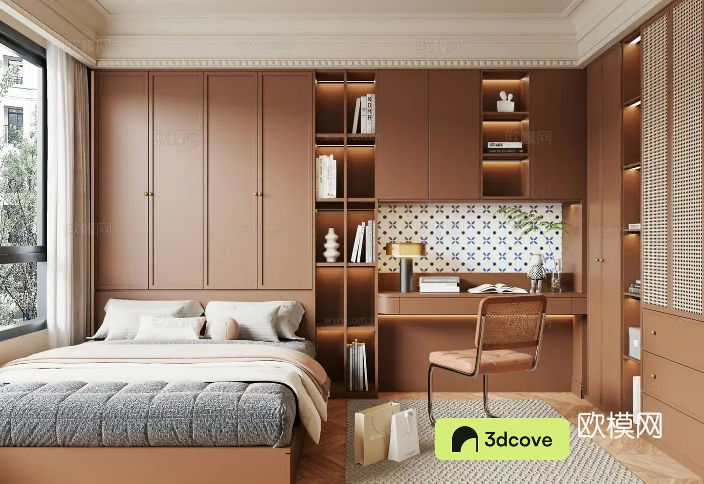 Modern medieval style tatami bedroom bookcase desk chair single bed wardrobe