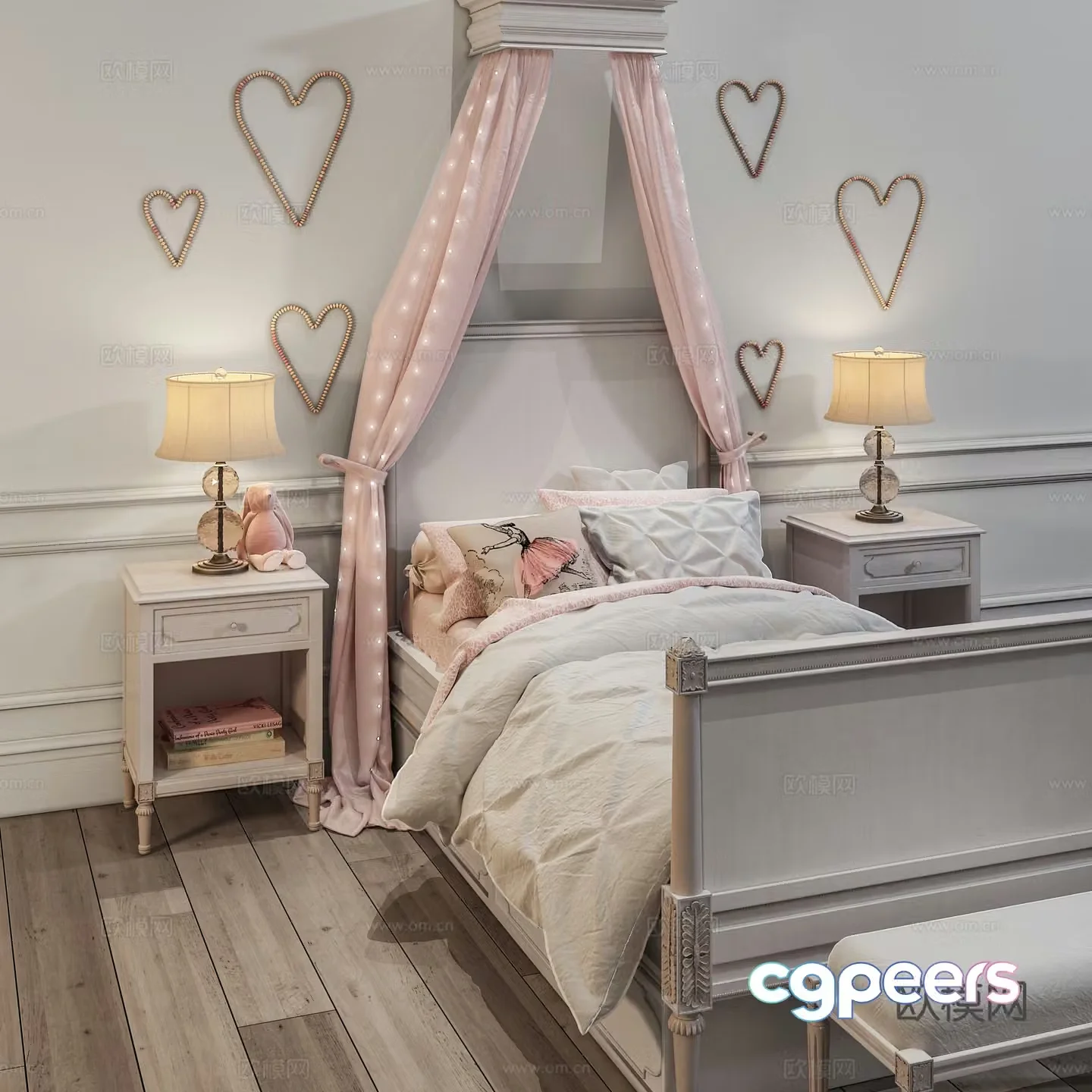 European single bed bedside counter lamp combination bedding girl bed 3d model