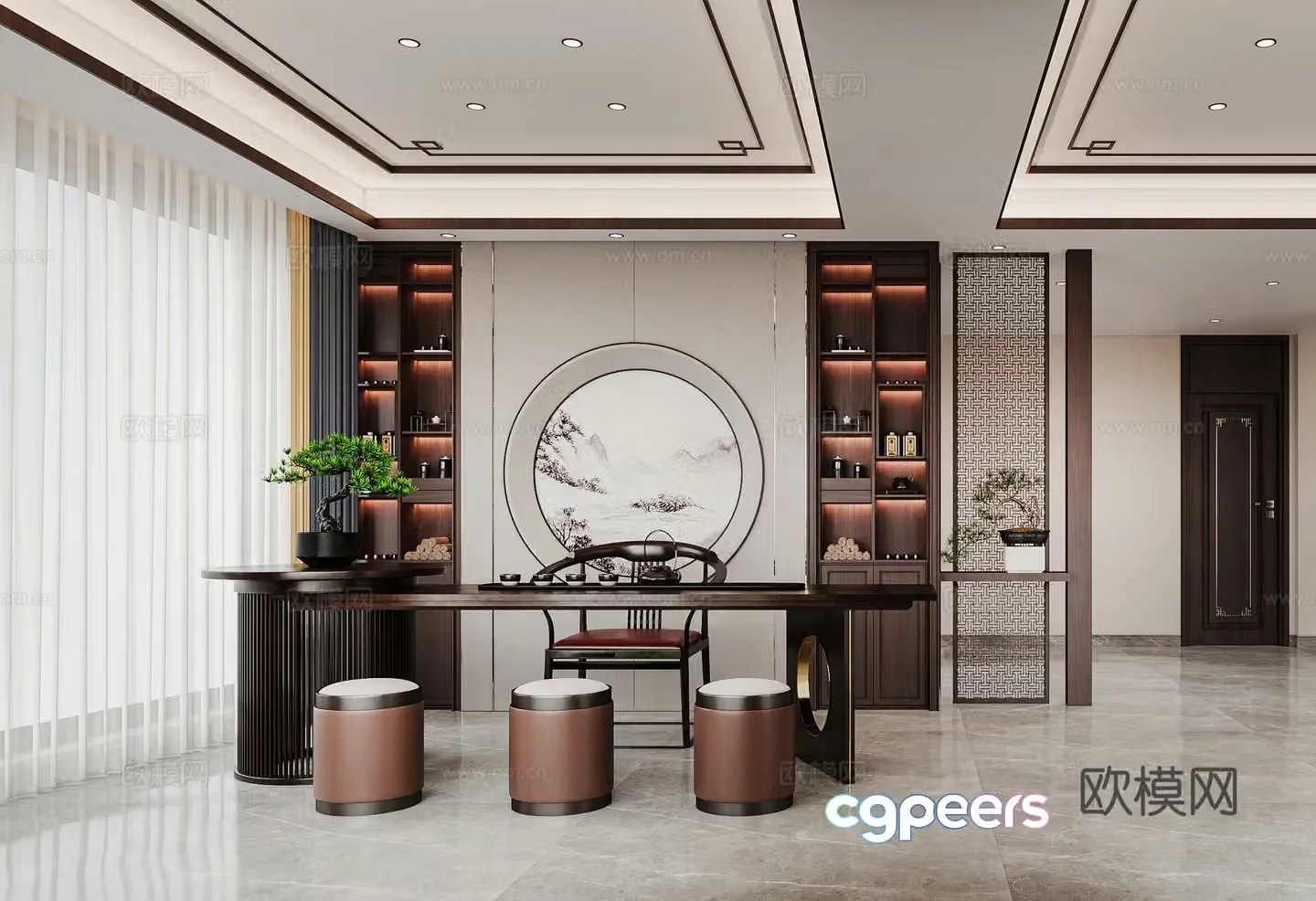 New Chinese-style tea room tea house tea table office study tea cabinet screen partition 3D model