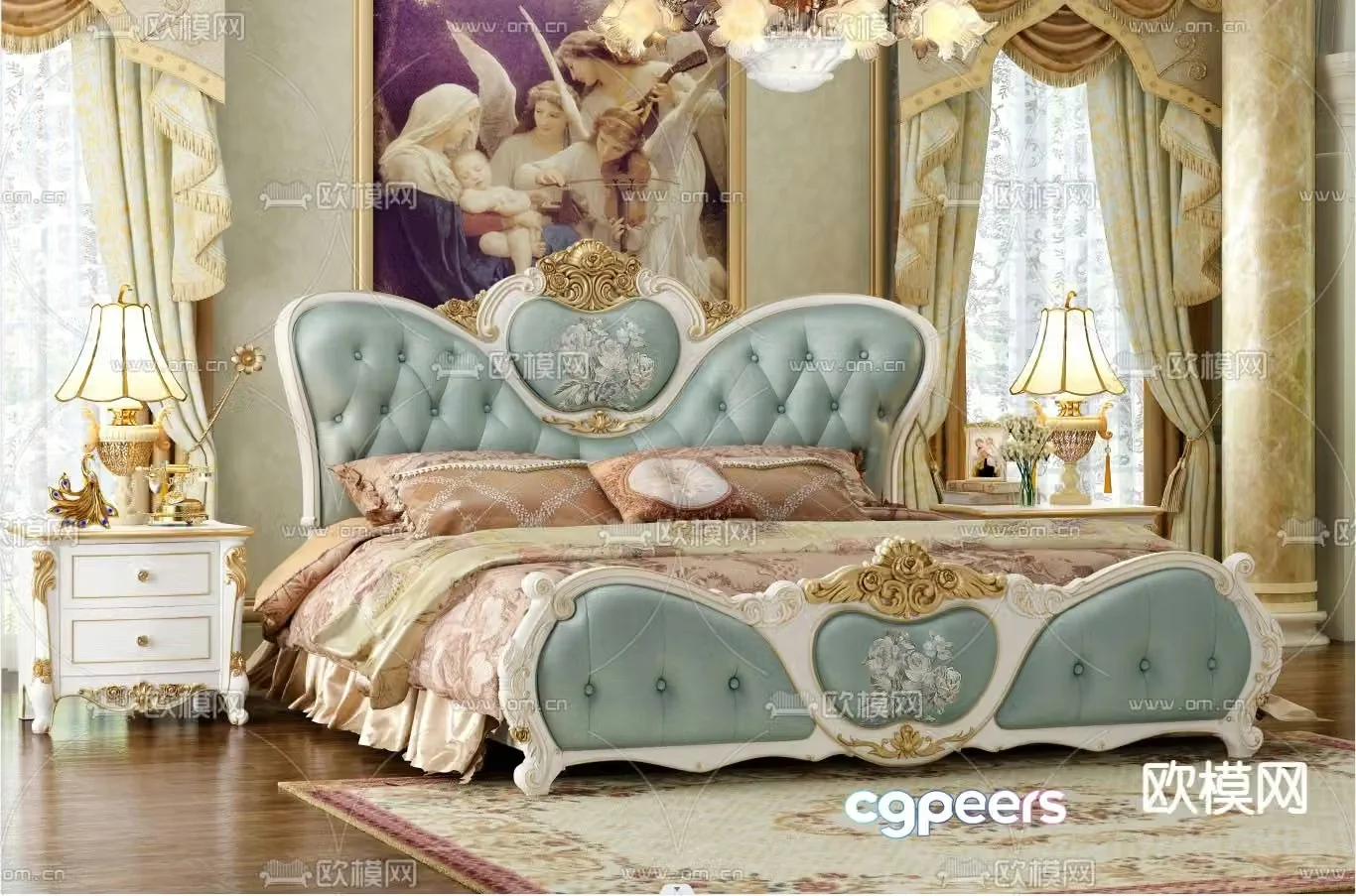 French double bed 3d model