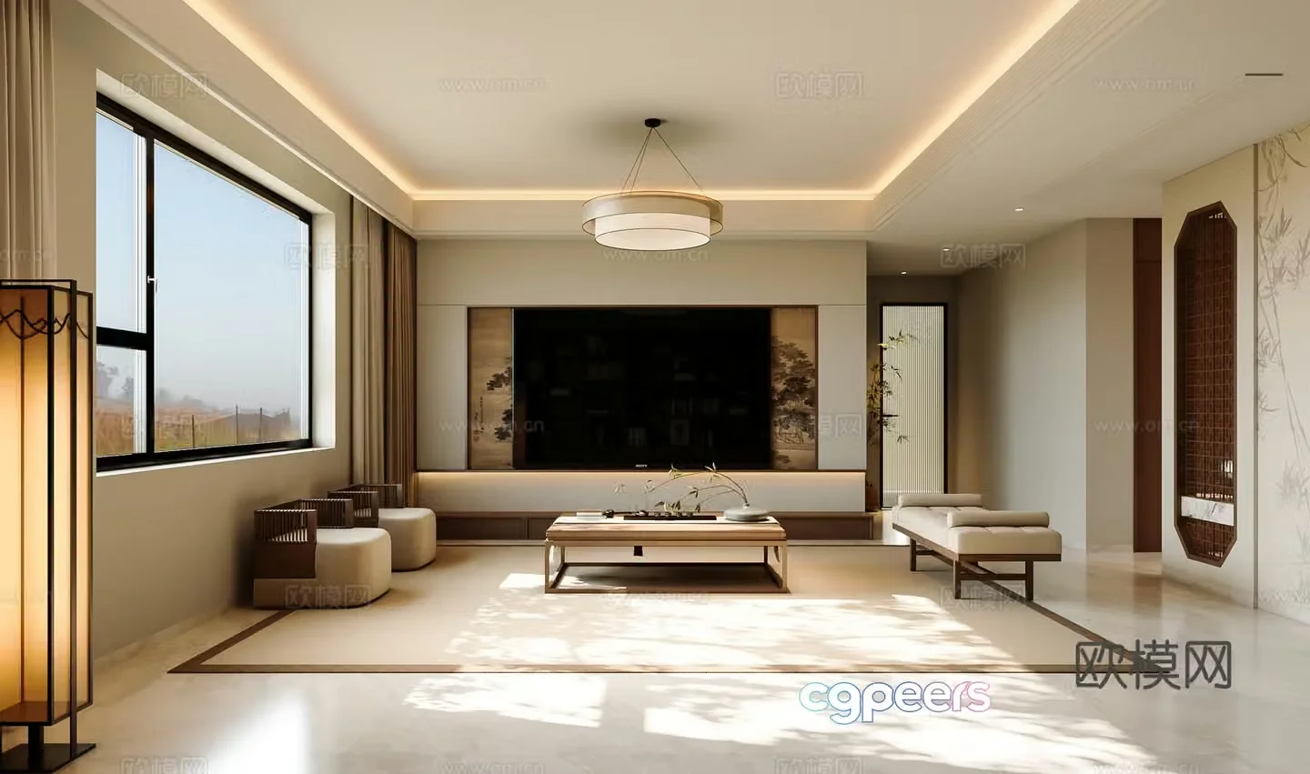 Song style living room TV background wall sofa coffee table combination 3D model