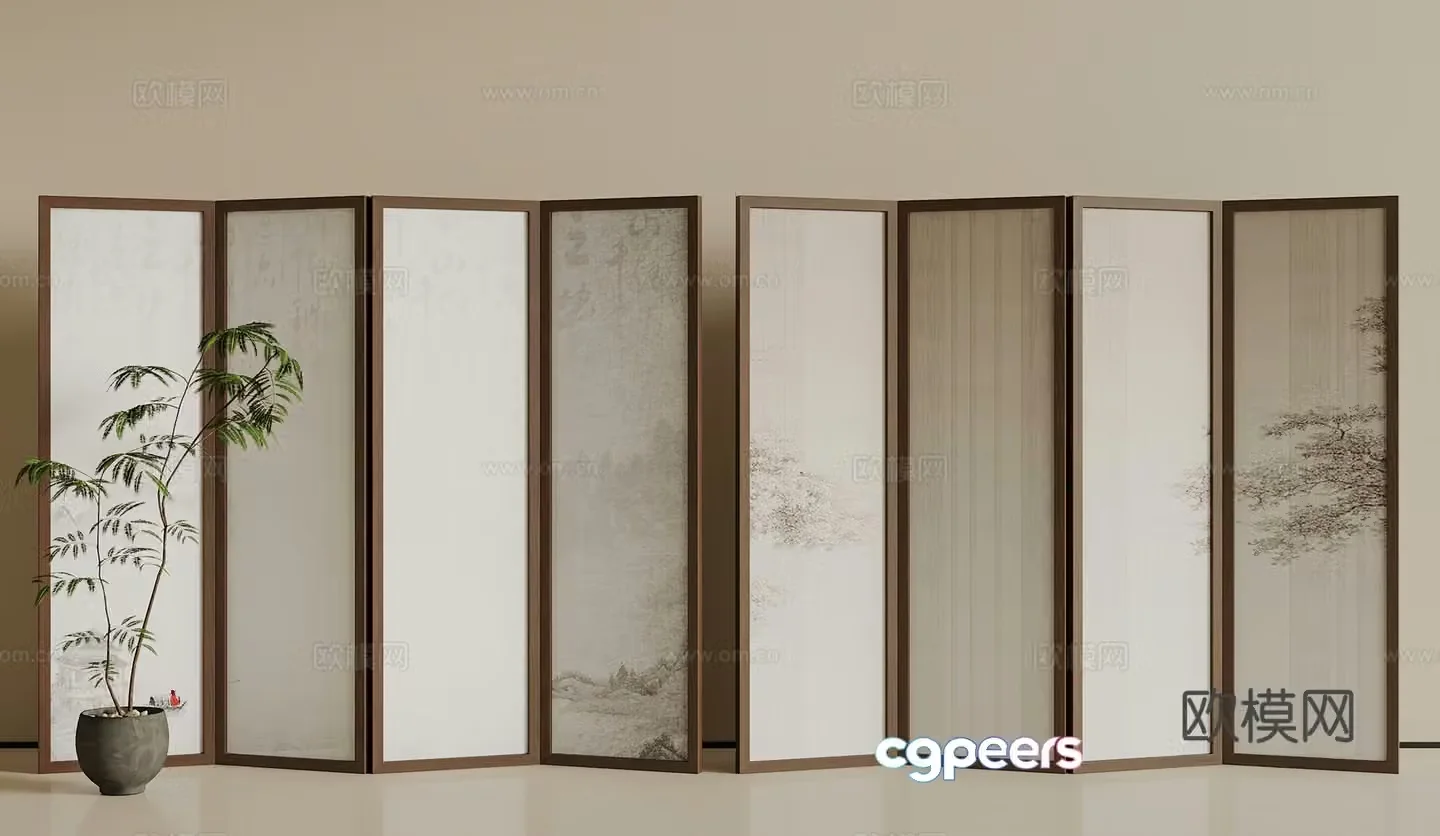 New Chinese-style screen partition Wooden screen partition DuPont paper partition Folding screen partition 3D model