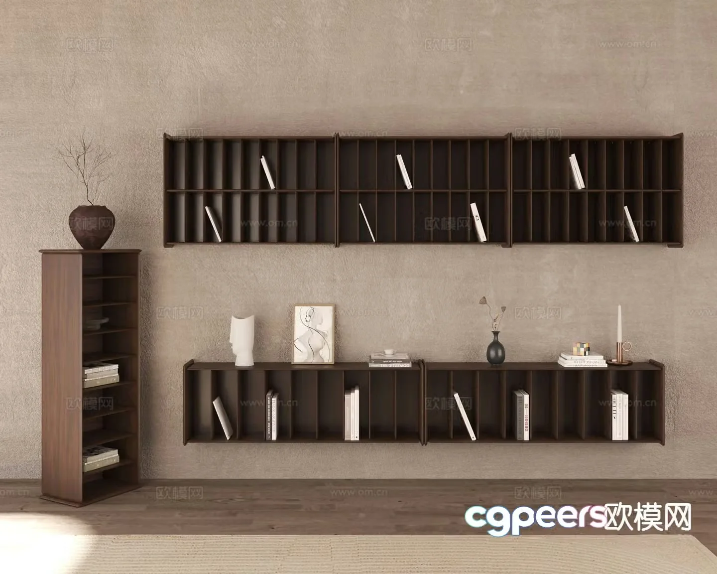 New Chinese style wall cabinet wall-mounted storage rack bookshelf 3D model