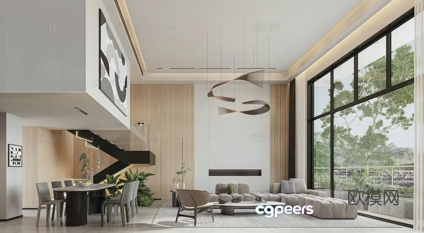 Modern villa living and dining room 3d model