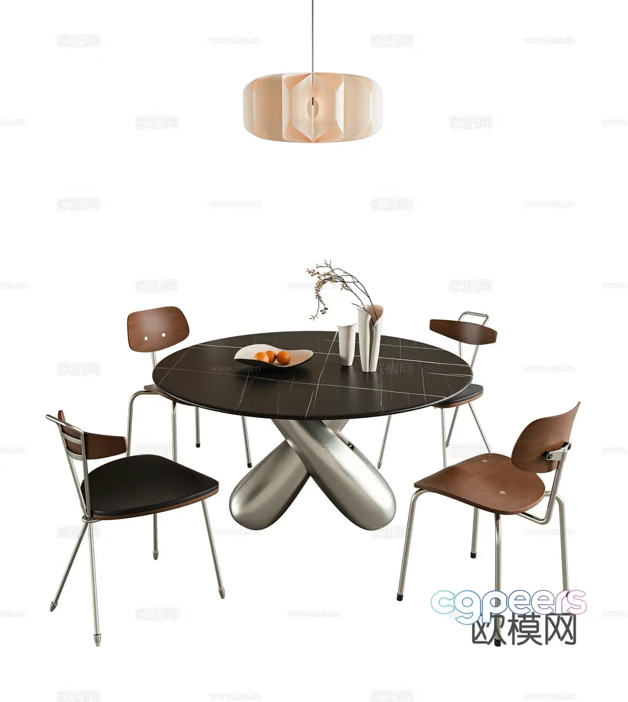 Minimalist dining table and chair combination Round dining table Four-person dining table Metal dining table Stainless steel dining chair Single 3D model