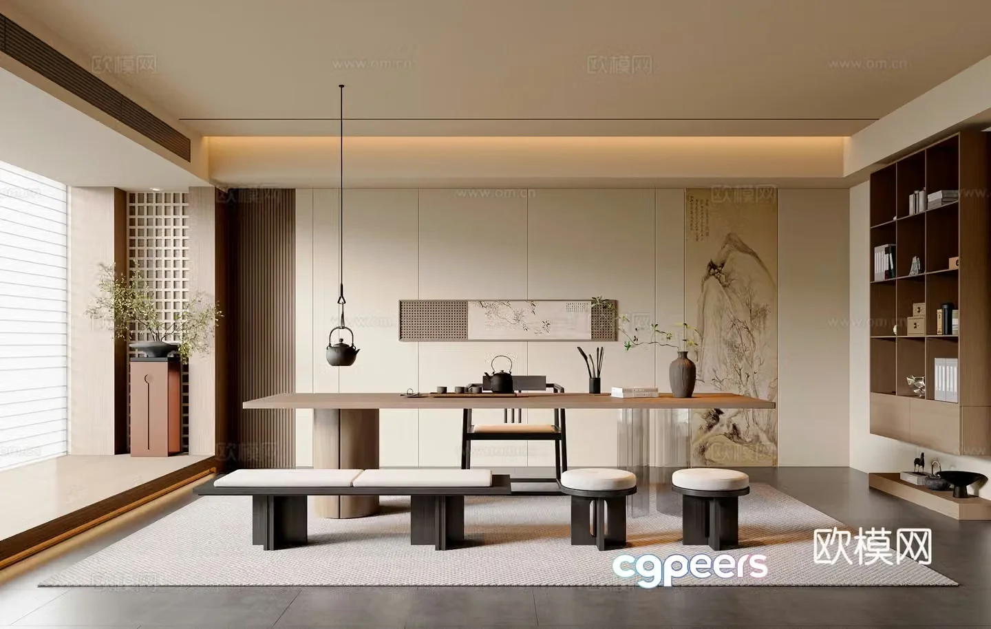 New Chinese style Chinese tea room tea table and chair combination tea room cabinet new Chinese style background wall tea room jewelry 3D model