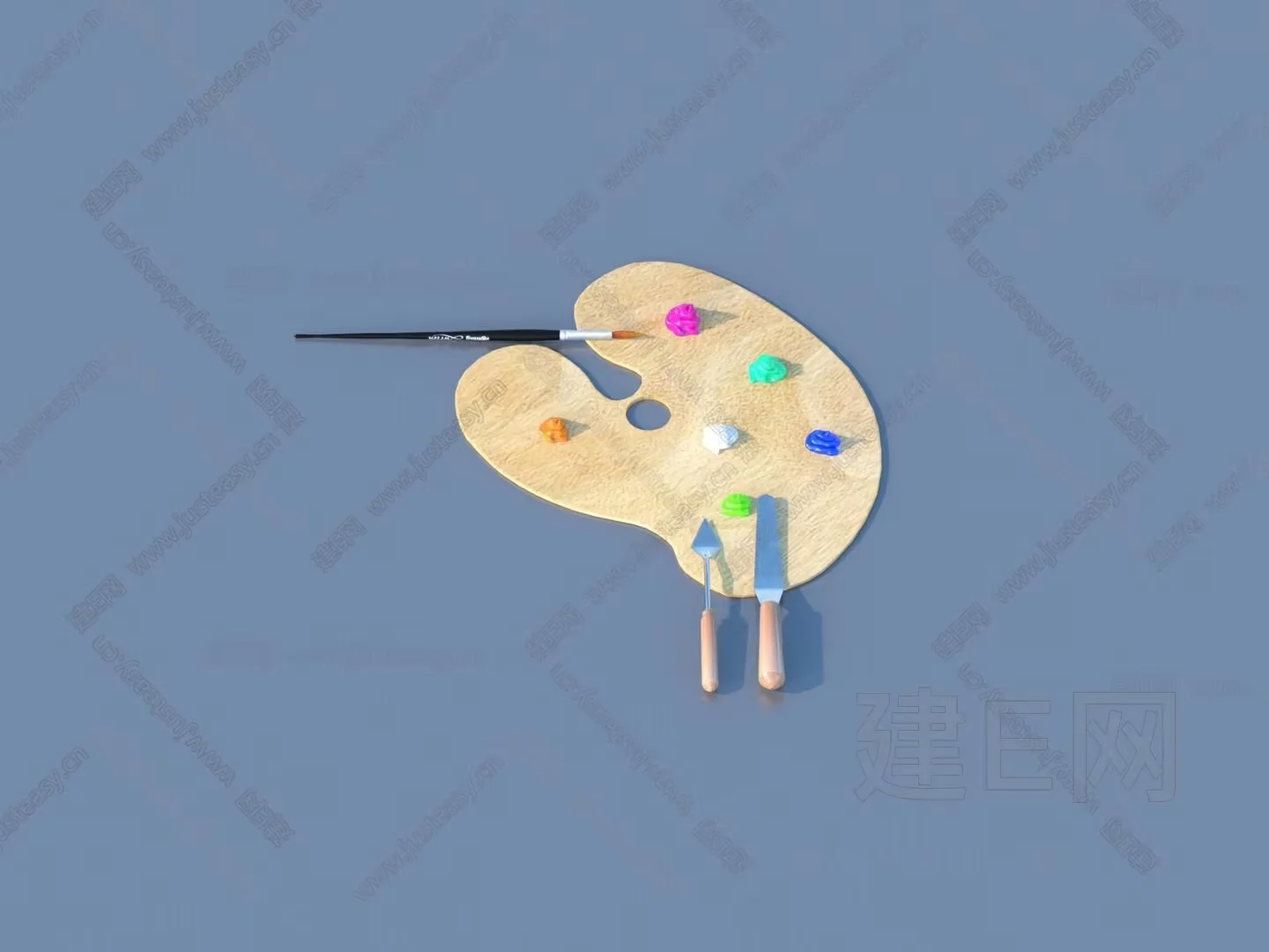 A Wooden Palette With Paint And Brushes 3D Model – 11506 – VRAY Render