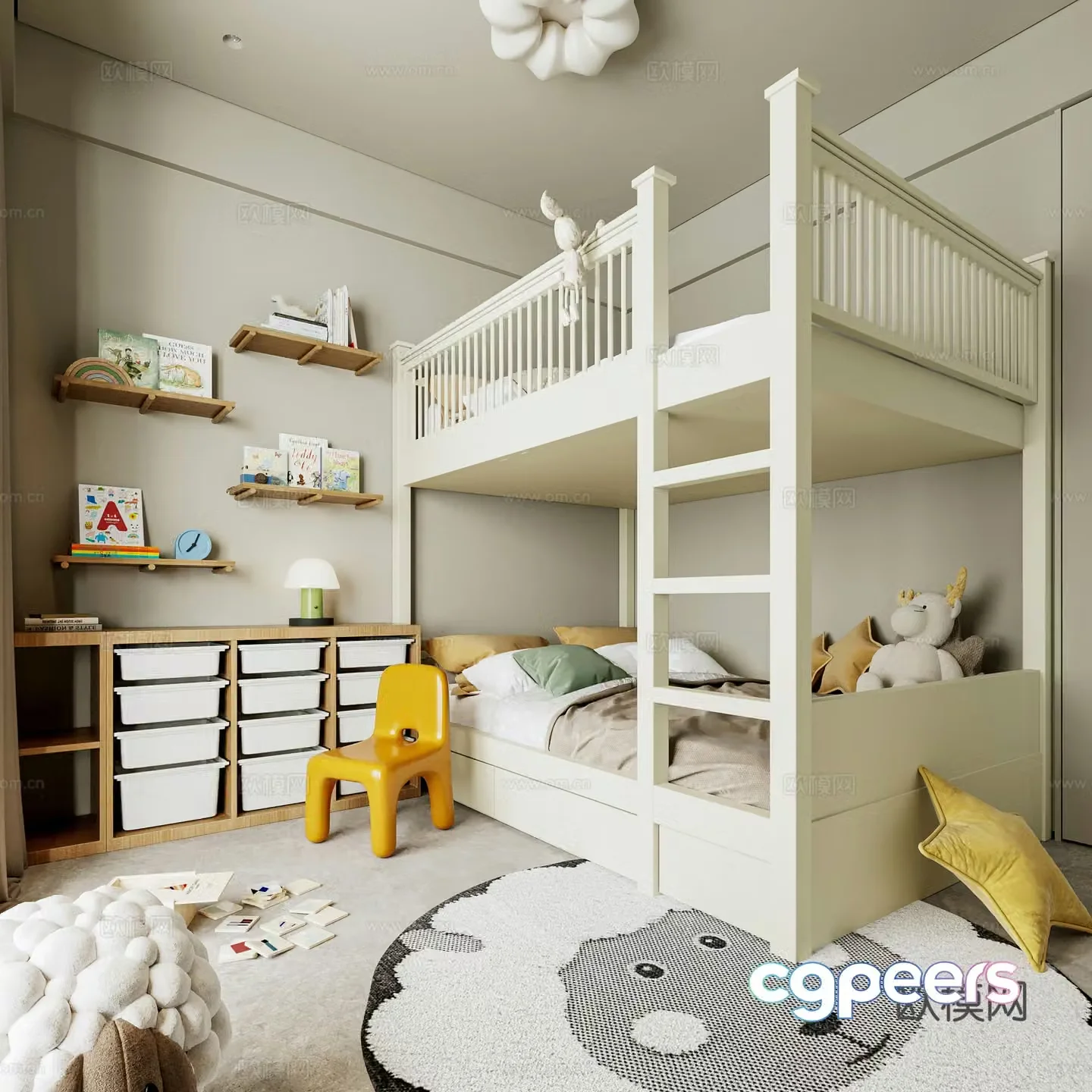 Modern Cream Children’s Room Storage Box Up and Down Toys No Master Light Storage Rack 3D Model