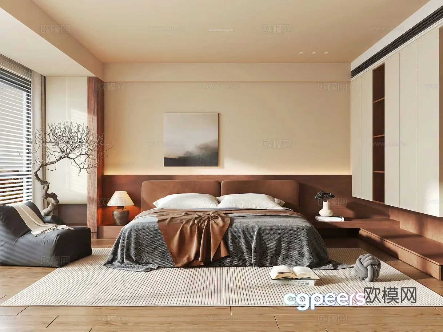 Wasabi style bedroom double bed bedside lamp bedroom wardrobe decorative painting lazy sofa 3d model