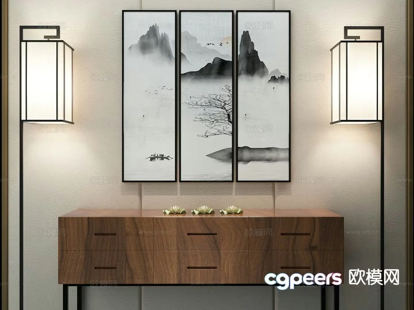 New Chinese style ink painting decorative painting 3D model