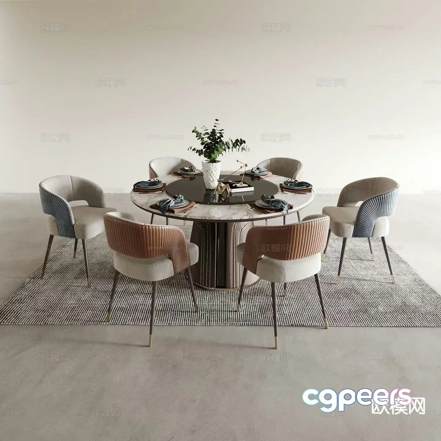 Round dining table and chairs 3d model