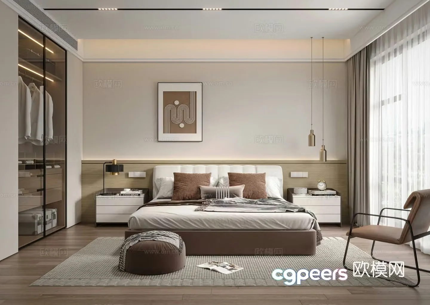 Modern bedroom Master bedroom Double bed Wardrobe Bedside table Carpet Hanging paintings Ornaments ornaments 3D model