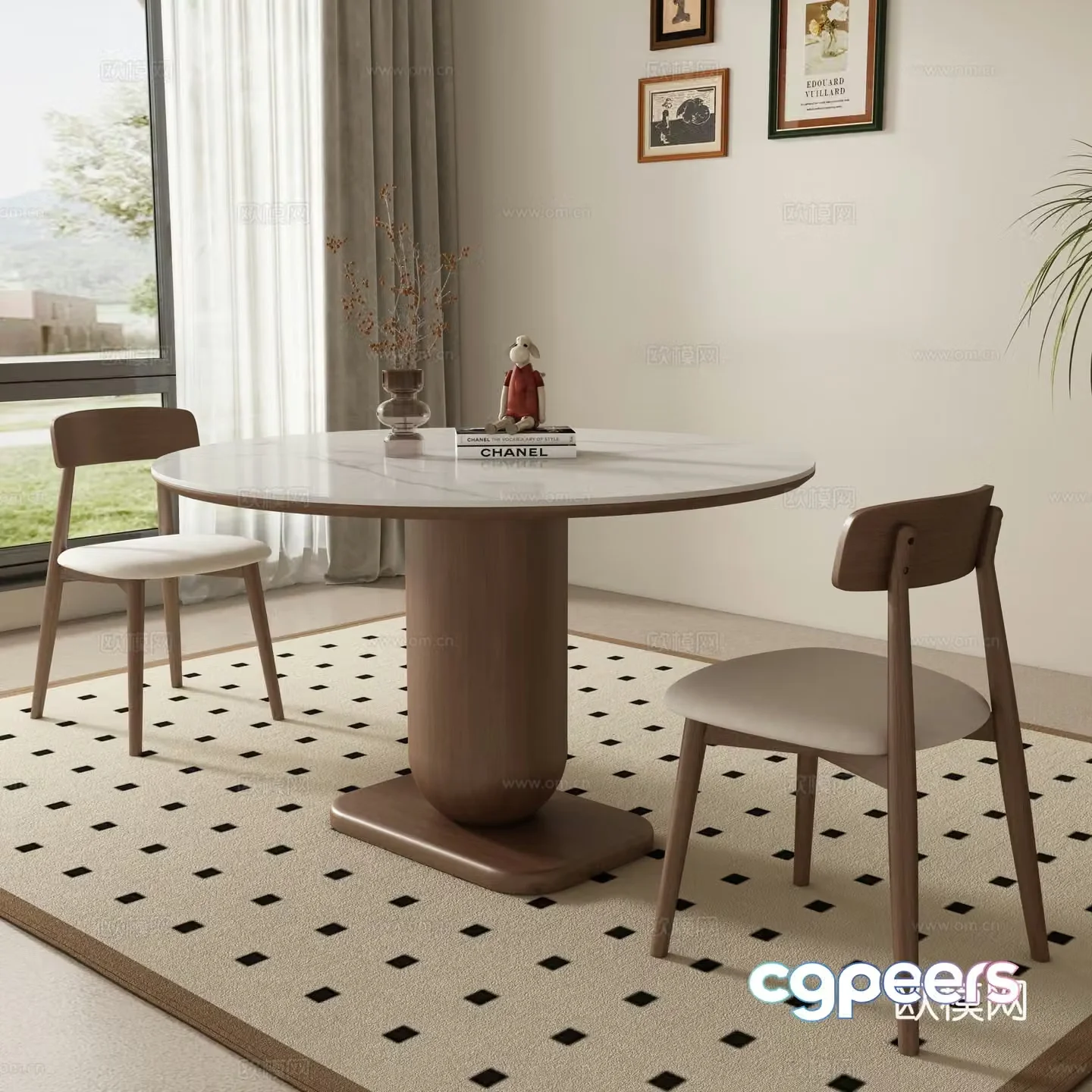 Medieval style round dining table and chairs 3D model