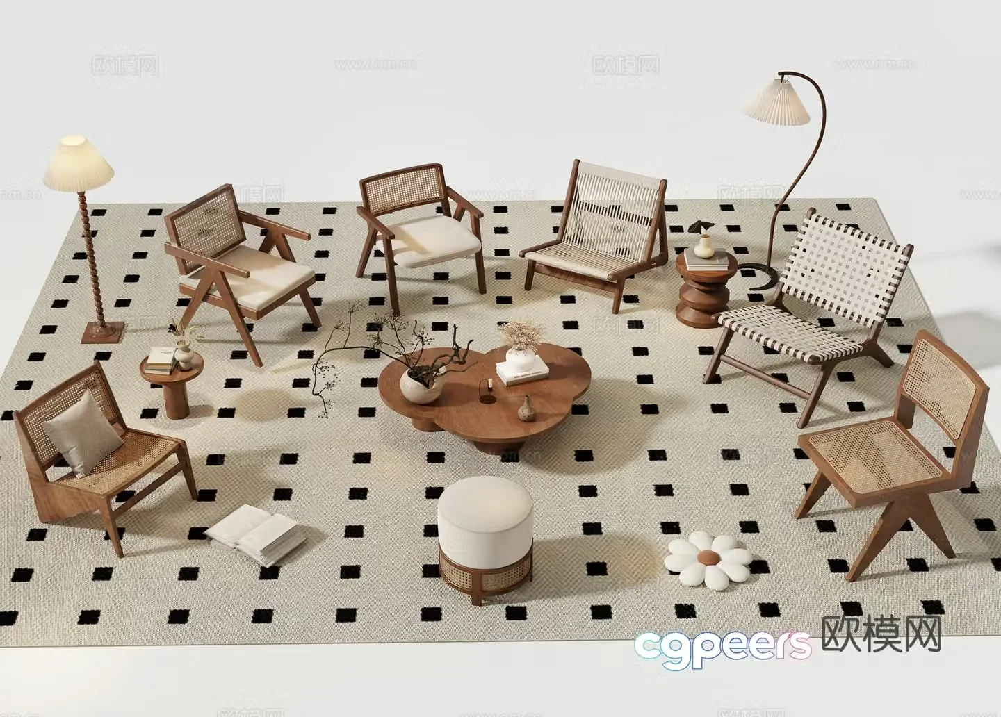Middle-aged leisure chair rattan chair sofa chair wooden chair floor lamp carpet 3d model