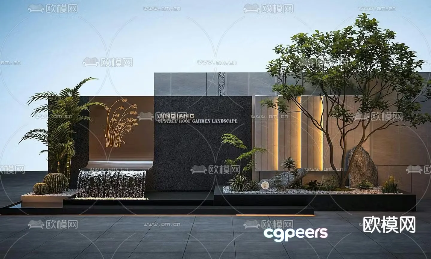 Stacked water feature wall courtyard sketch 3D model