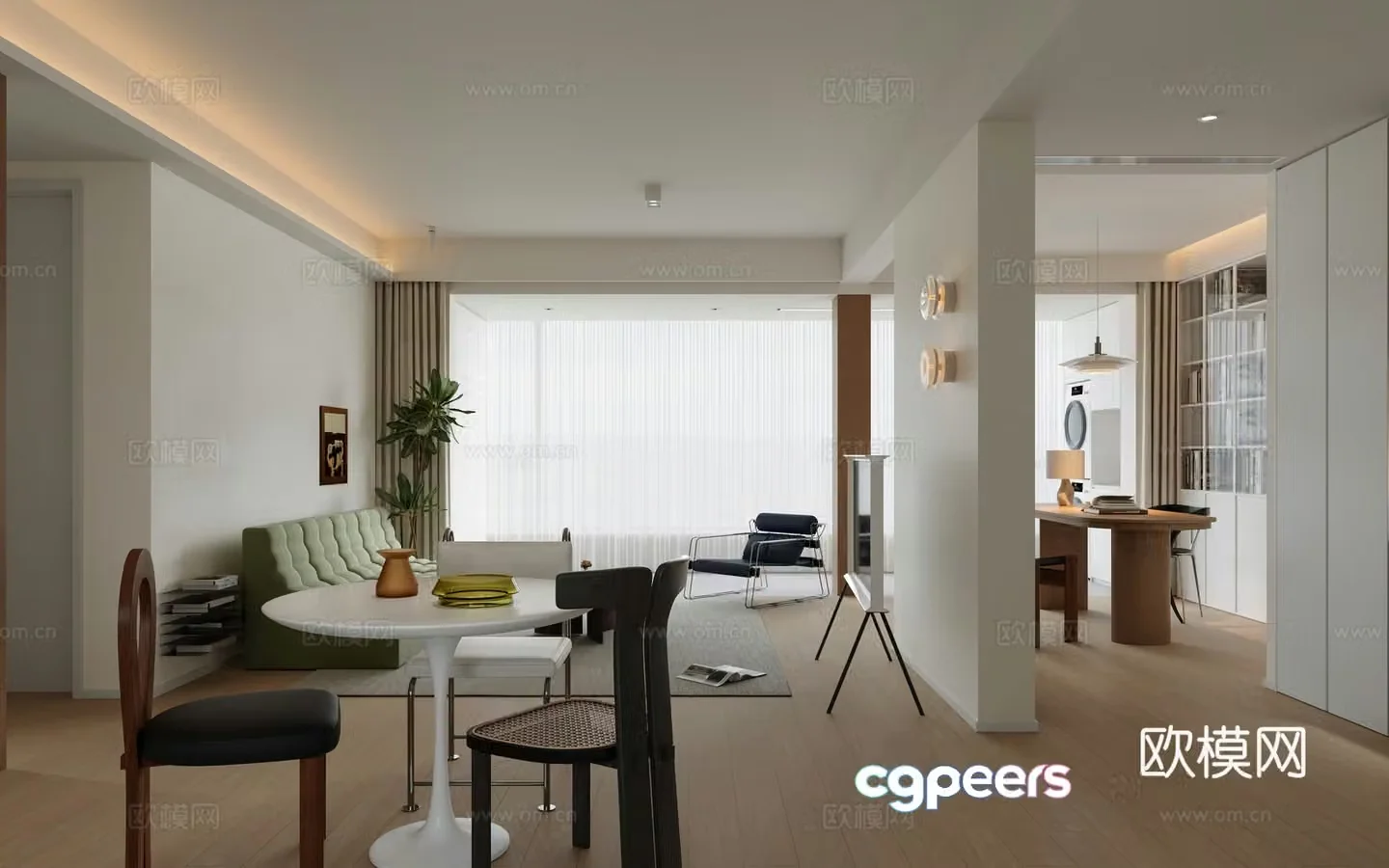 Creamy living room open study 3d model