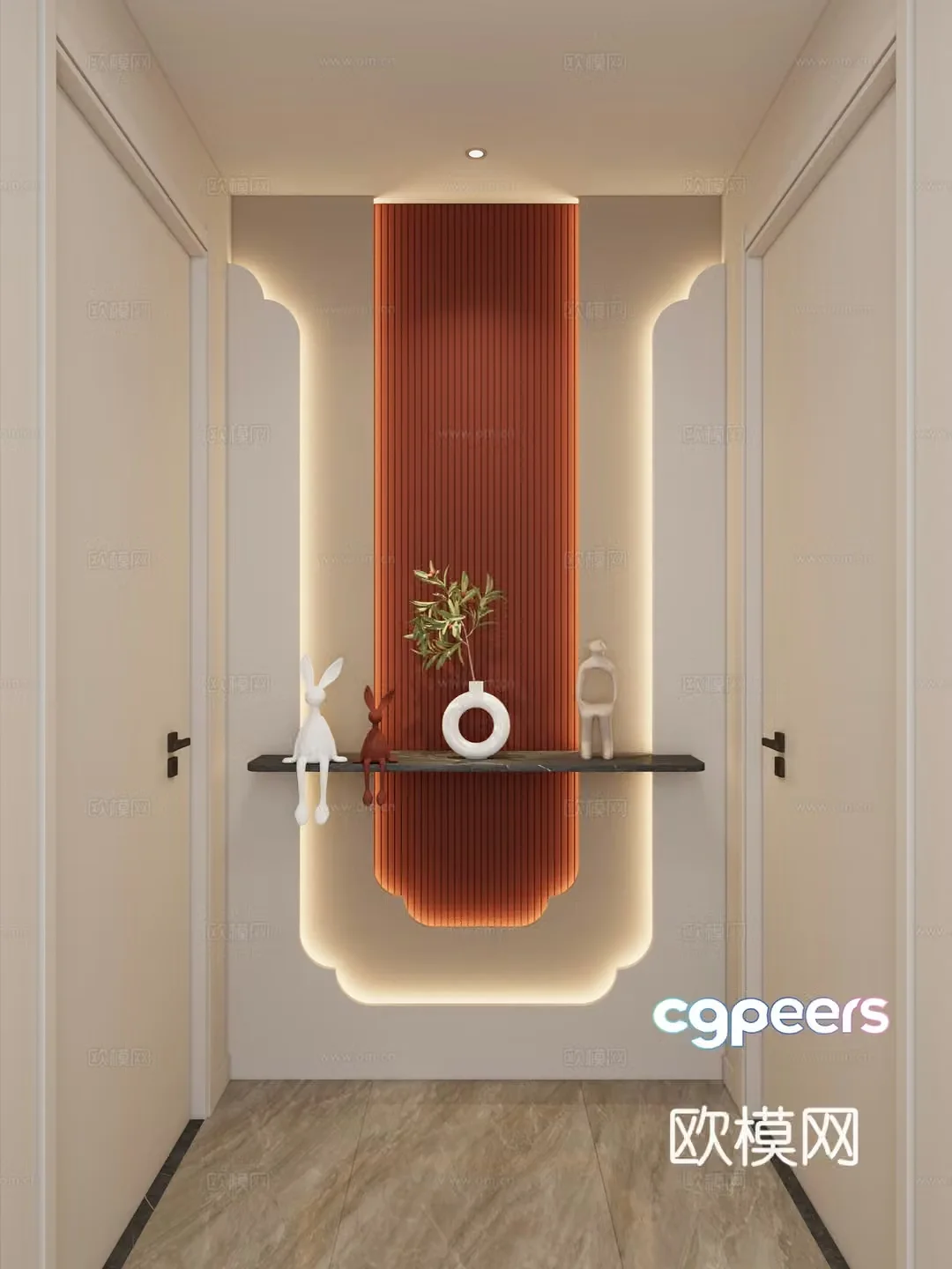 Cream Simple Style Modeling Light Strip Great Wall Board Suspended Top End View Entrance Entrance 3D Model
