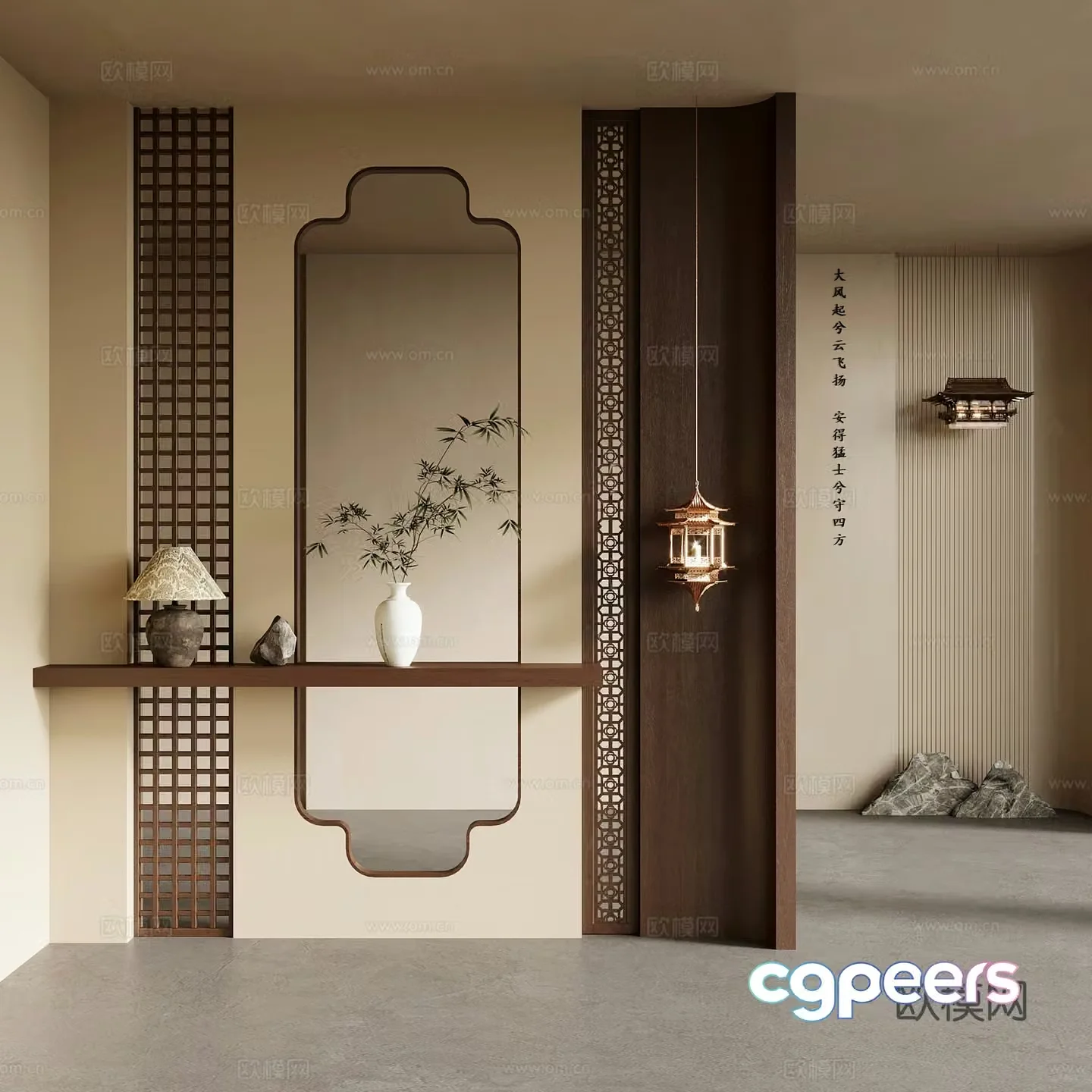 12 porch new Chinese style porch porch background end view wall 3D model
