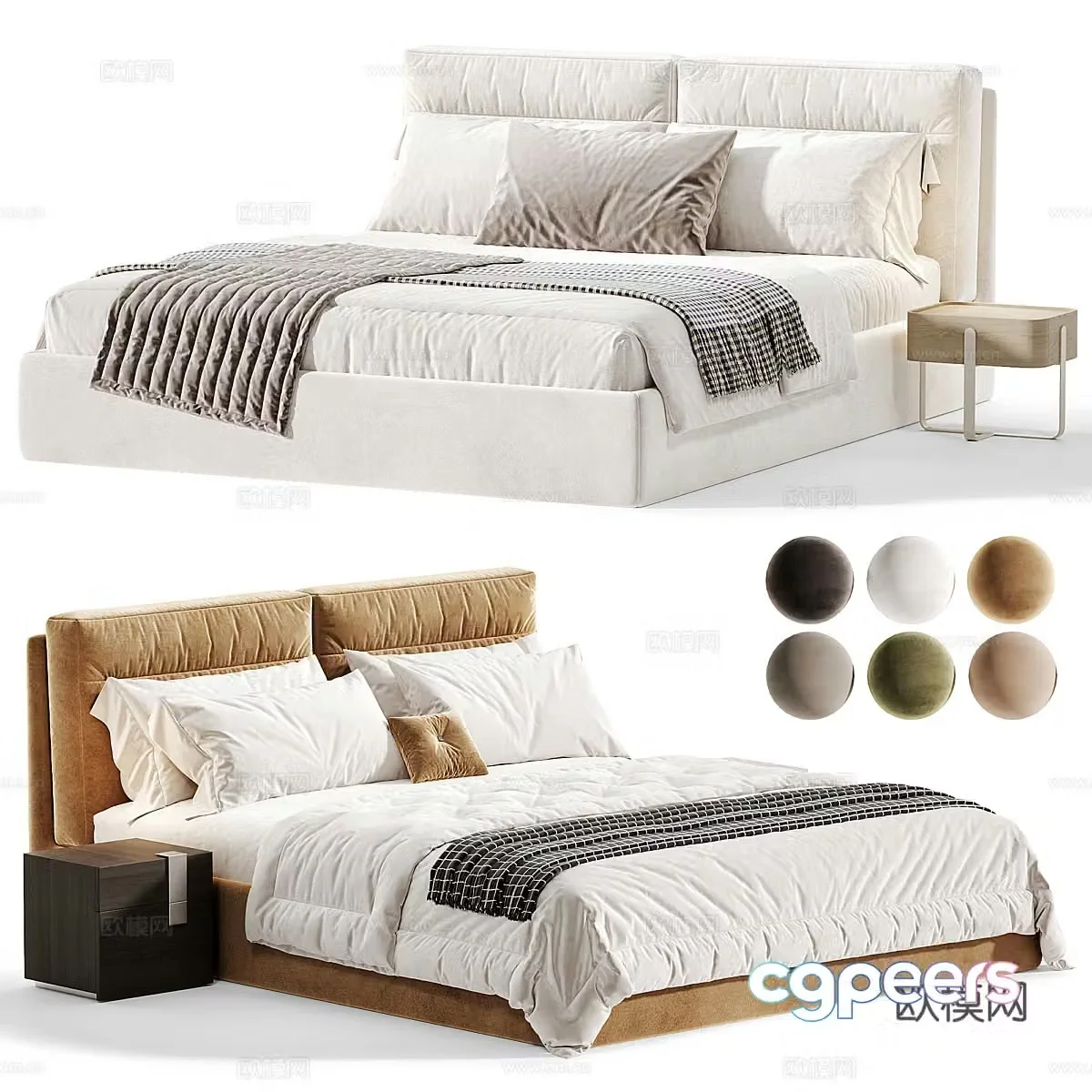 Modern cream style fabric double bed 3d model
