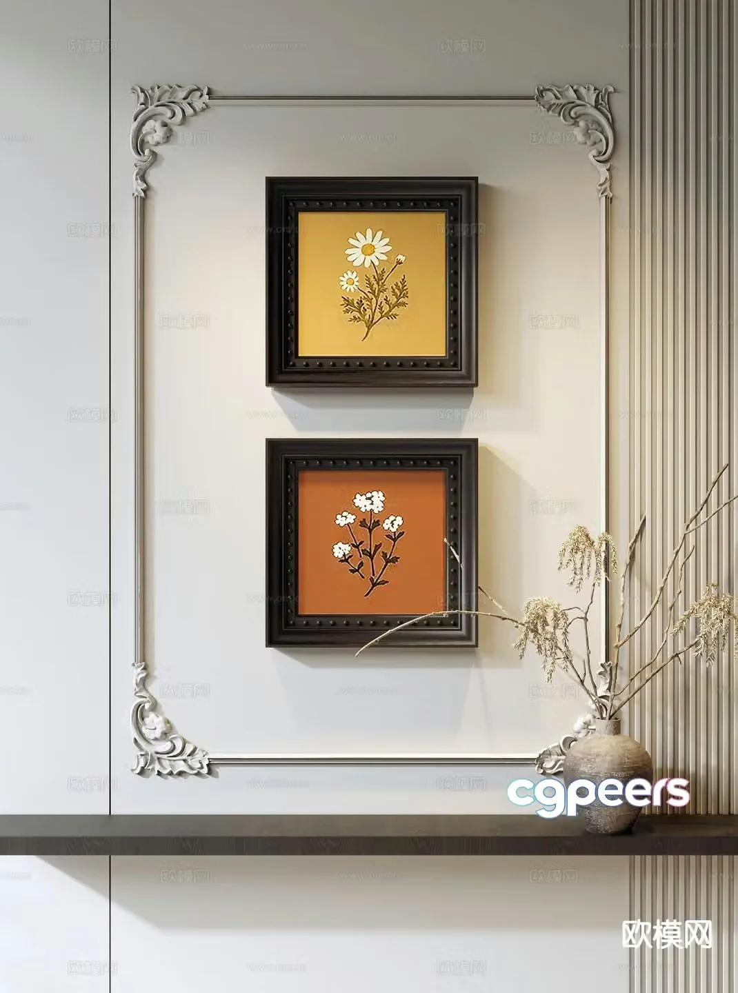Medieval style flower painting decorative painting 3d model