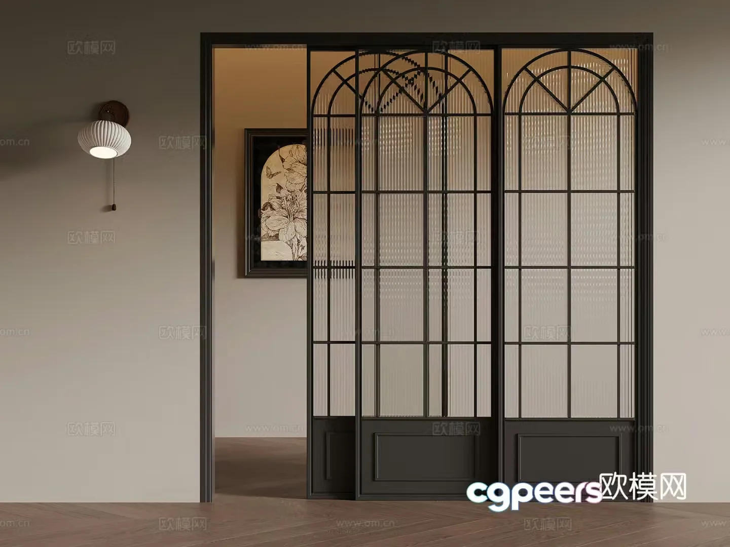21 French sliding door Changhong glass sliding door Wall lamp Hanging painting 3D model