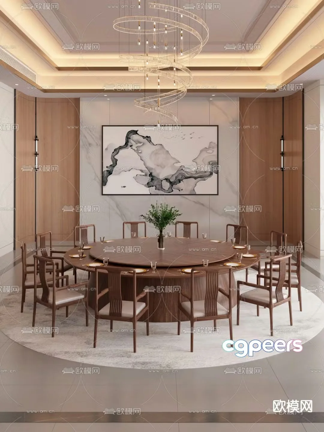 New Chinese round dining table wooden dining table 3D model