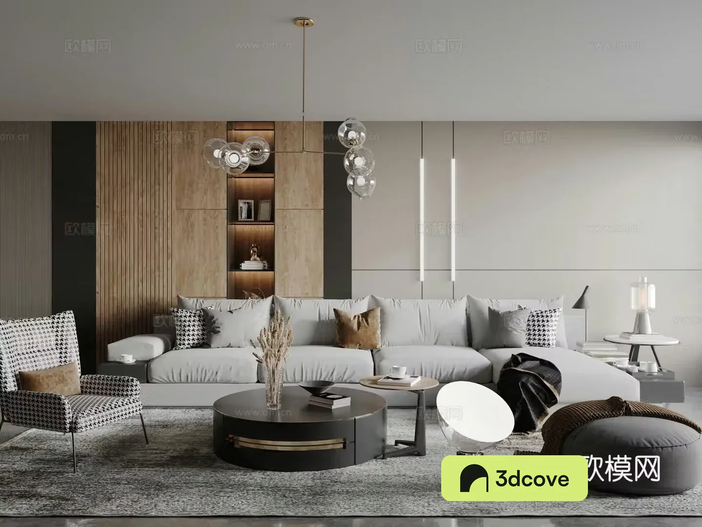Modern light luxury living room sofa coffee table single chair side chandeliers wall light background wall
