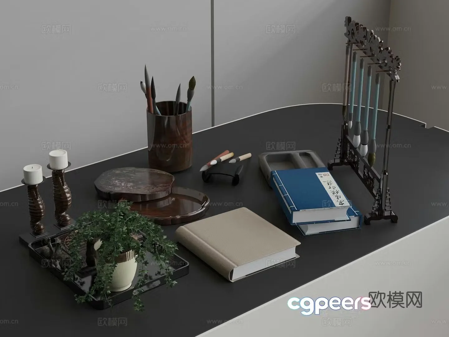 Brush Pen holder Pen holder Inkstone Books Candle Flowerpot Green Plant 3D Model