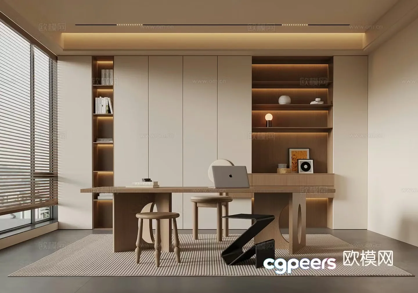 Middle-aged study bookcase desk and chair 3D model