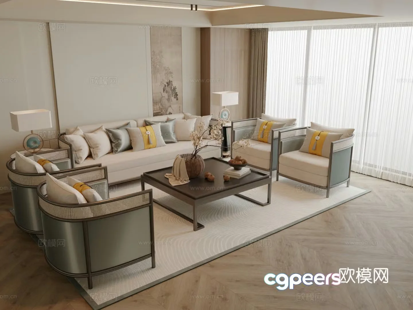 New Chinese style sofa coffee table modular sofa 3d model