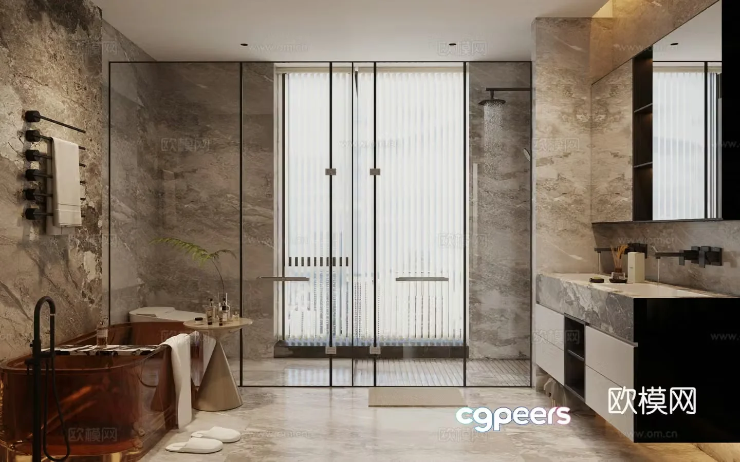 Light luxury Italian bathroom bathroom glass bathtub black and white and gray bathroom dry and wet bathroom 3D model