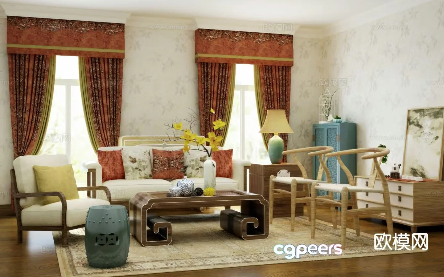 New Chinese style sofa modular sofa curtain soft furnishing 3d model