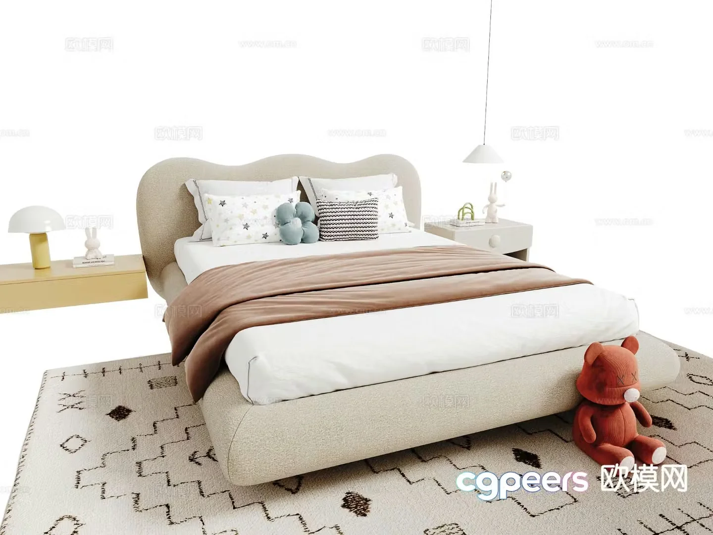 Cream style double bed girl bed 3d model