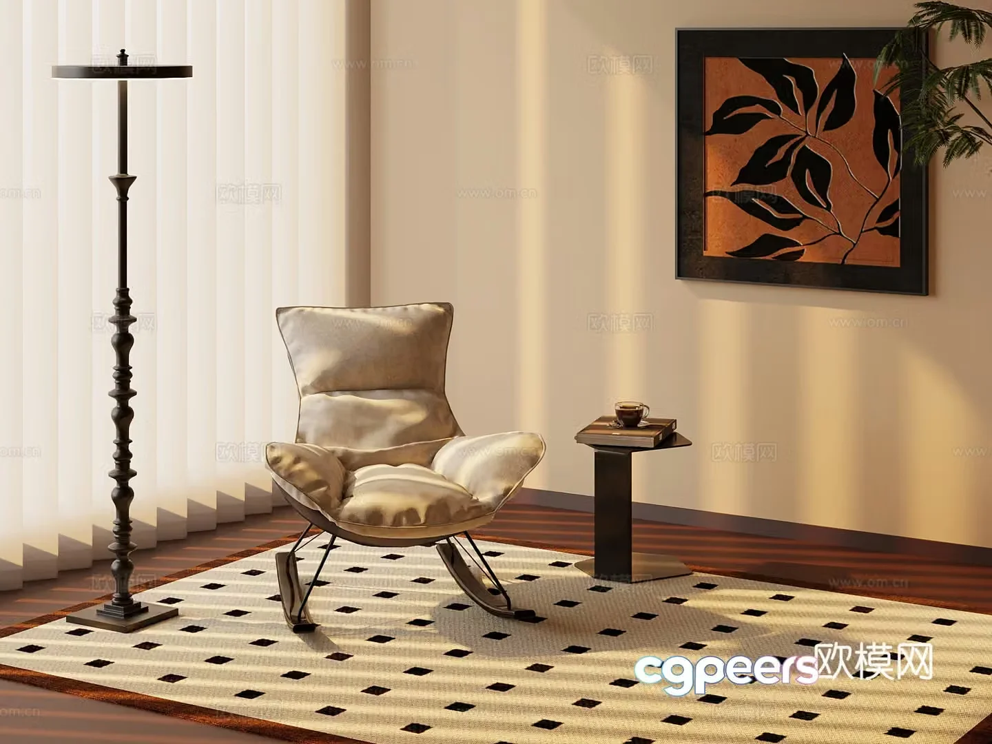 Rocking chair Retro style rocking chair Floor lamp Side table Decorative hanging painting 3D model