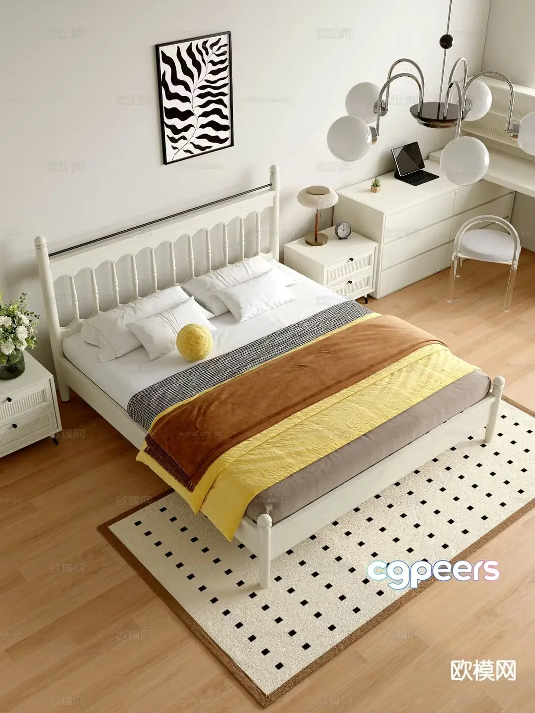 Cream style solid wood bed 3d model