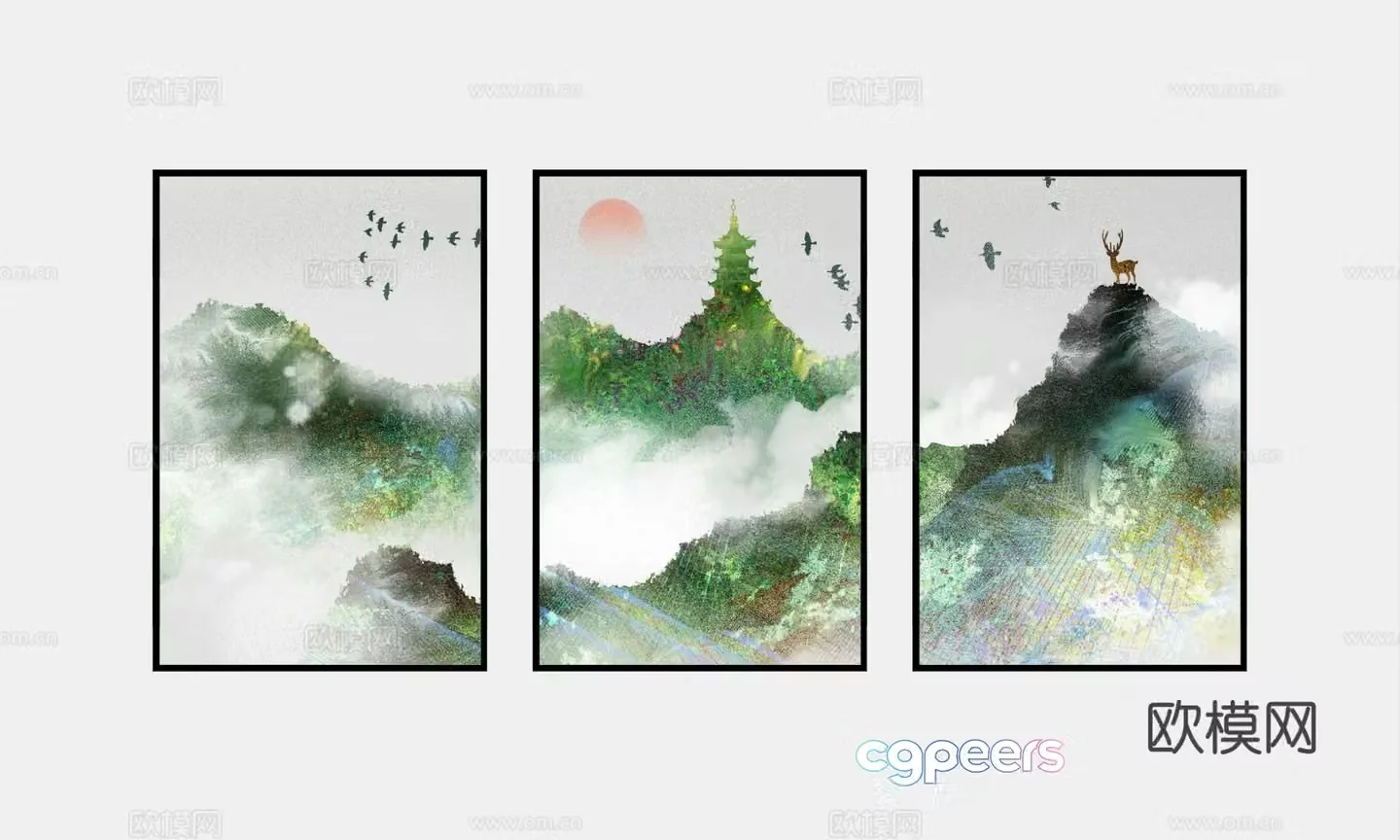 New Chinese style landscape painting decorative painting 3D model