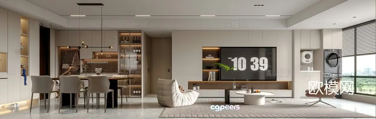 Creamy style modern living room sofa dining table TV wall 3d model