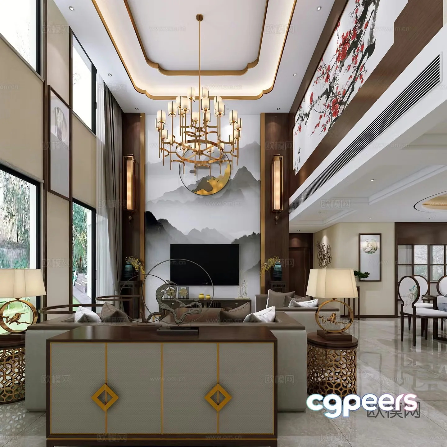 New Chinese style villa living room 3D model
