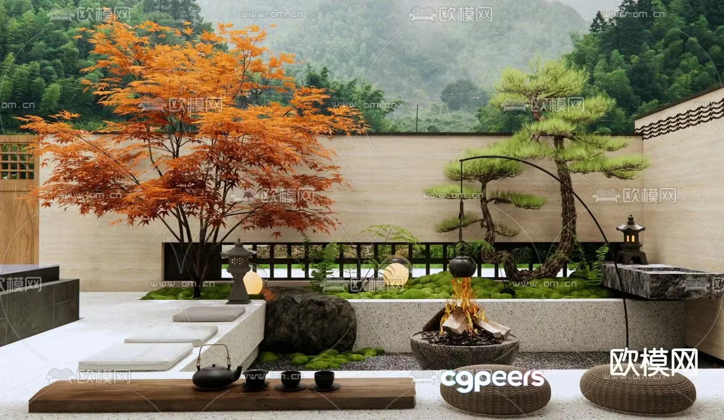 Courtyard landscape red maple landscape 3D model