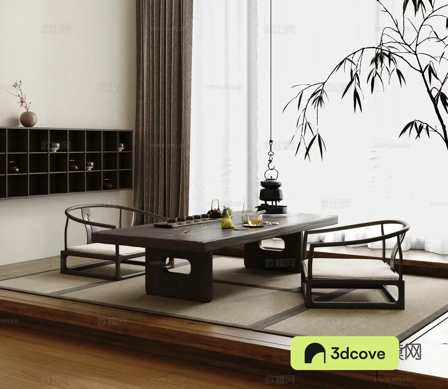 Wasabi Tatami Tea Room New Chinese Tatami Tea Room Solid Wood Tea Table and Chair 3D Model