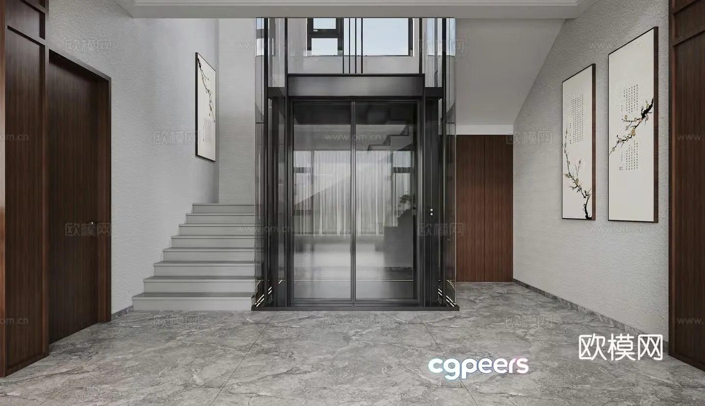 New Chinese style elevator elevator aisle entrance stairwell staircase modern simple 3d model