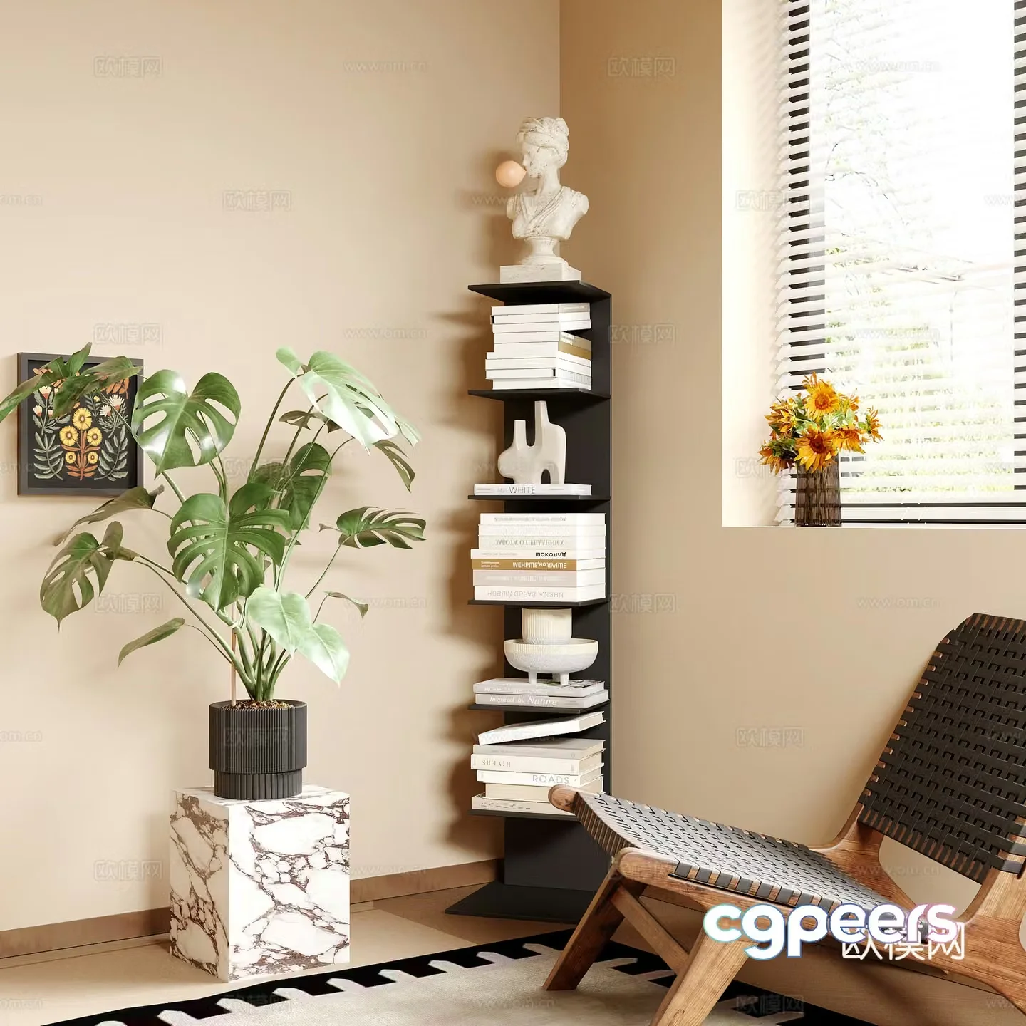 Middle-aged corner cabinet storage rack rattan chair leisure chair stool 3D model