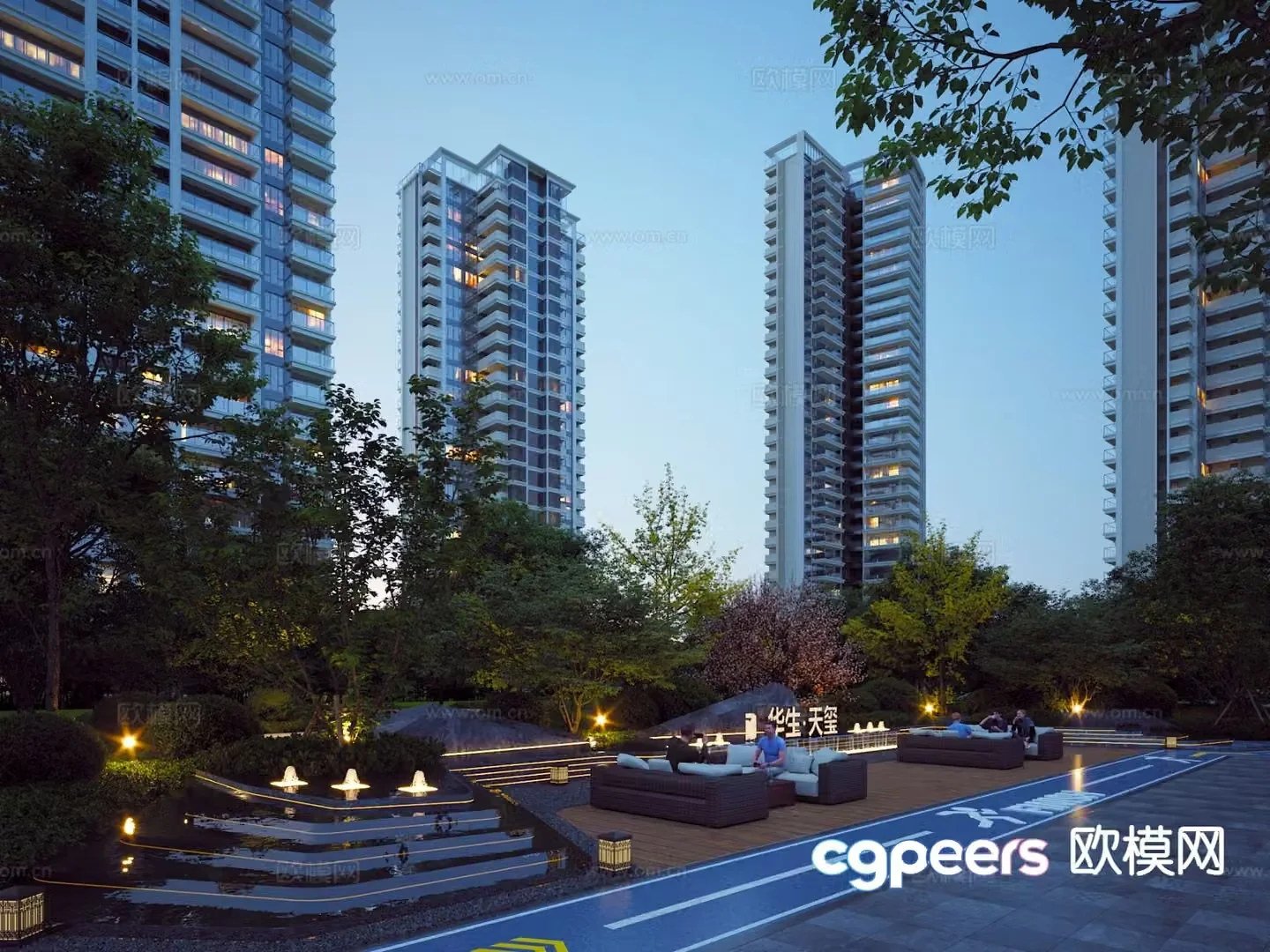 Modern high-rise residence inner court landscape residential night view 3D model