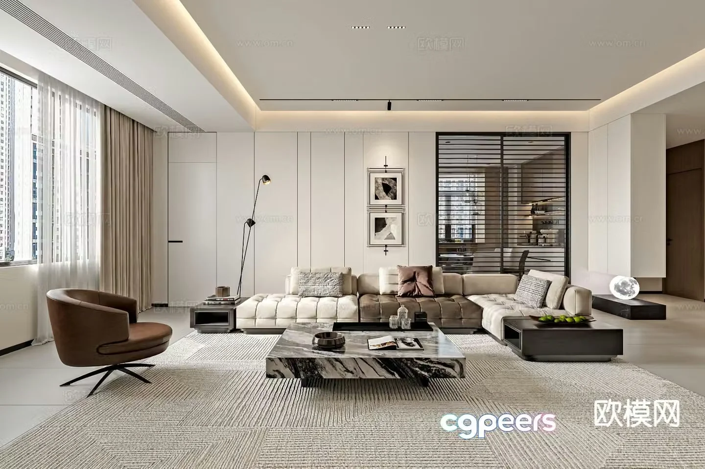 Modern living room and dining room without main light 3D model