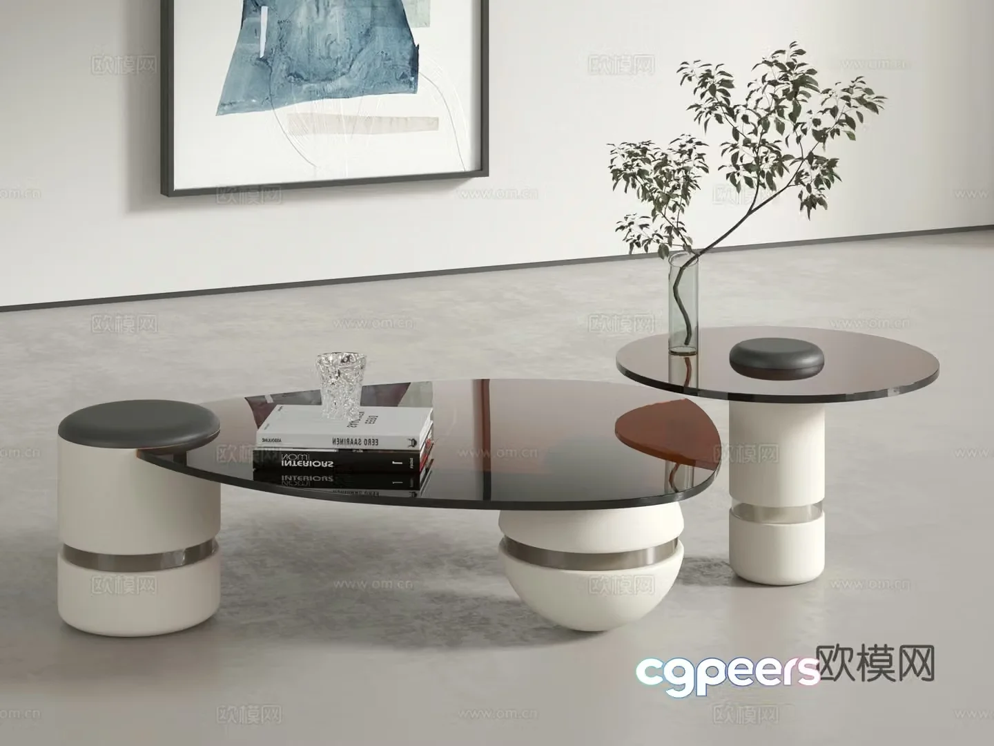 Modern coffee table combination light luxury coffee table combination round coffee table cream style coffee table glass coffee table set 3D model