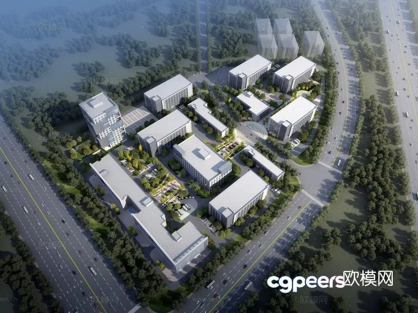Aerial view of industrial park 3D model of industrial park