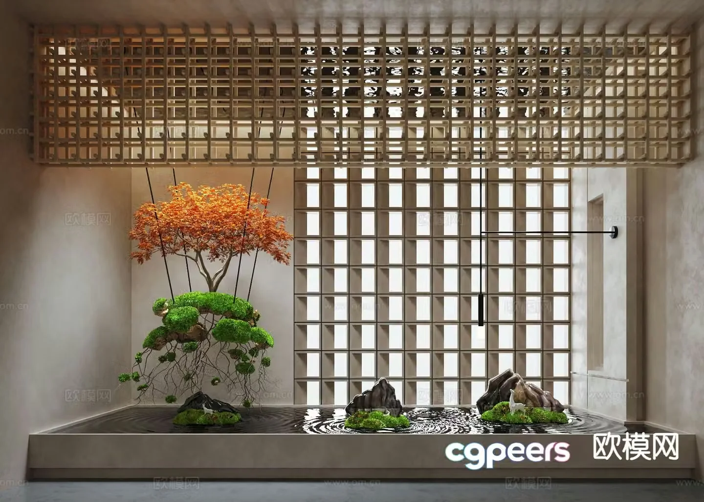Modern indoor waterscape hanging plants plant installation indoor landscaping 3d model