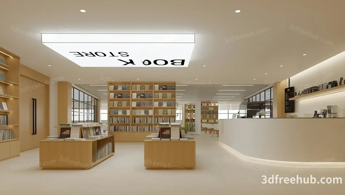 A Bookstore Interior With Wooden Shelving 3D Model – 22945 – VRAY Render