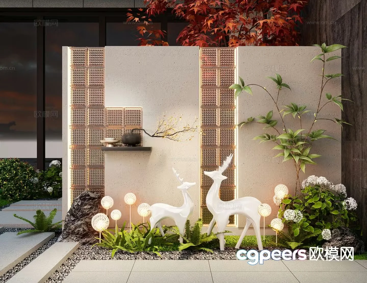 New Chinese style landscape wall glass brick landscape wall courtyard landscape wall 3d model